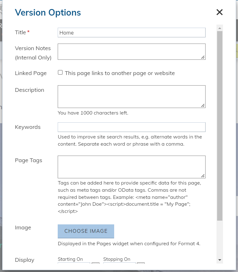 Complete the Page Version Fields