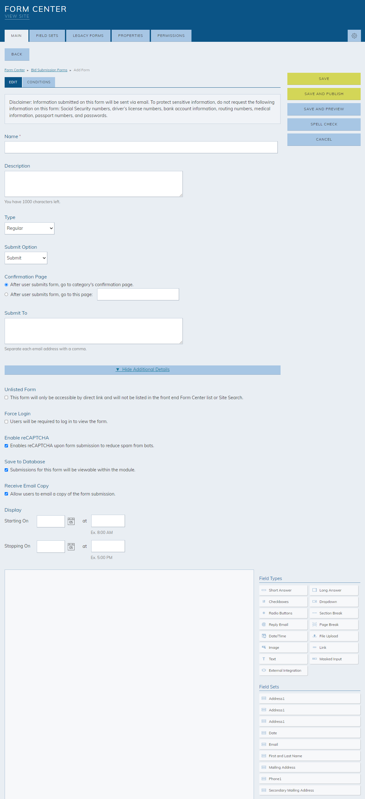 The new form's information fields and options.