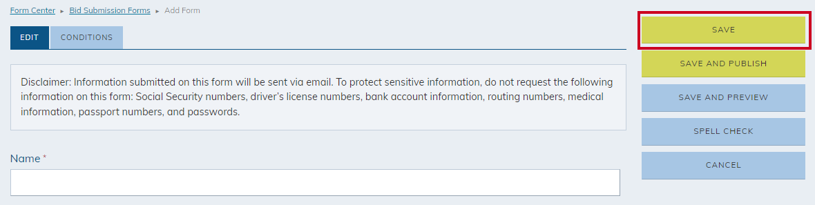 The new form's save button.