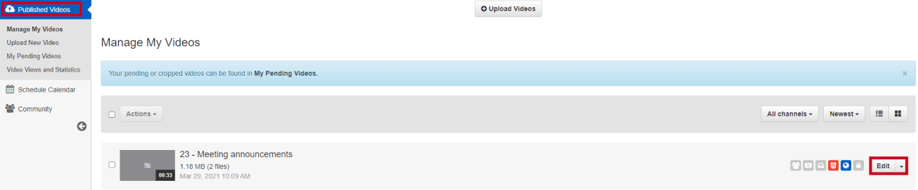 TikiLive Published videos and video edit button.