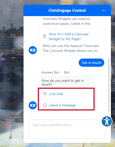 The get in touch options of Live Chat and Leave a Message.