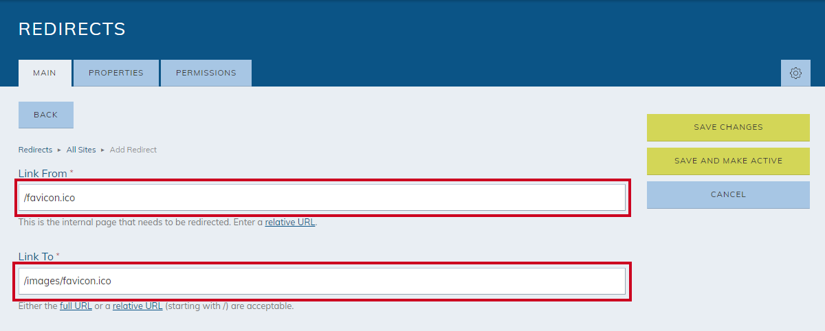 The Link From and Link To text boxes on the Add Redirect screen with relative URLs for the favicon.