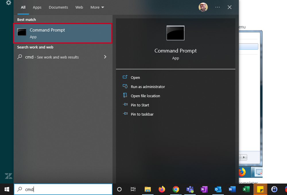 The Windows Command Prompt app search results.