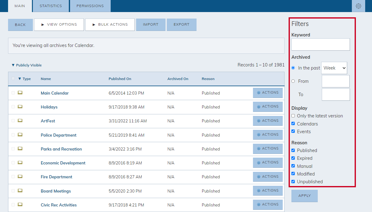 The Calendar Archive's filter options.