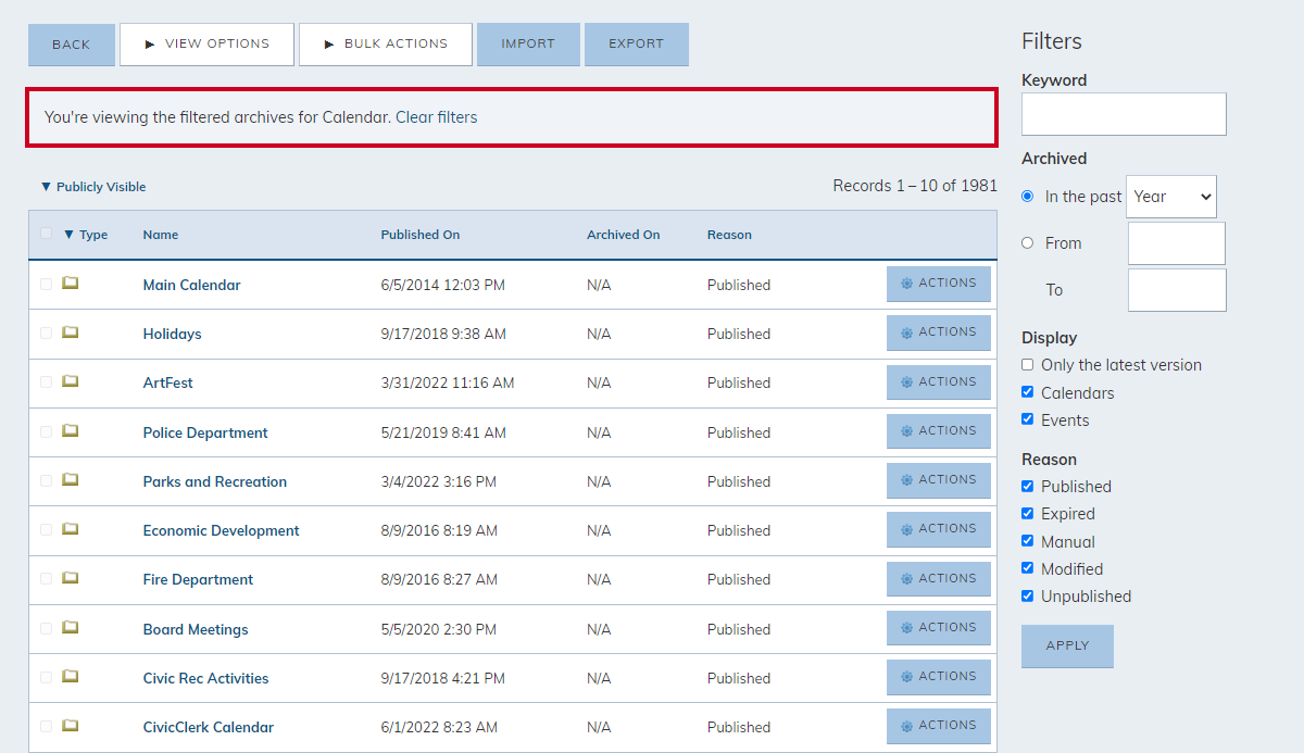 The Archive's filtered list of results.