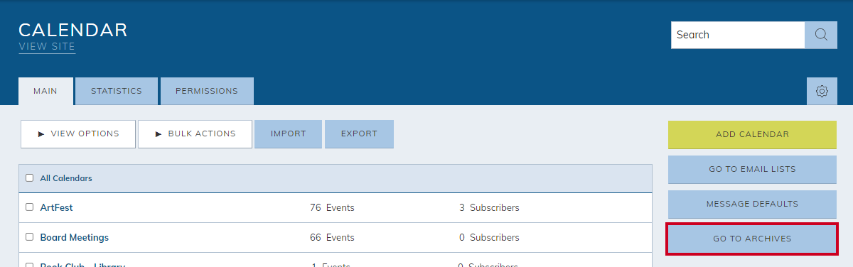 The Calendar module's Go To Archives button.