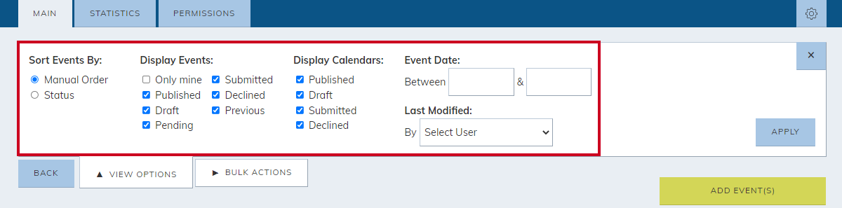 The View Option filters.