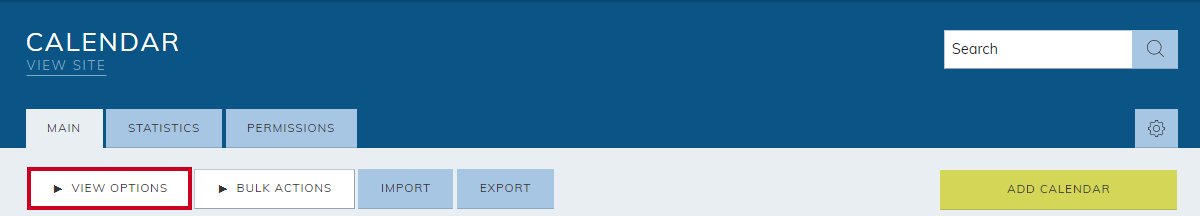 The Calendar Module's view options menu tab.