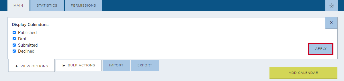 The Calendar Module's view options Apply button.