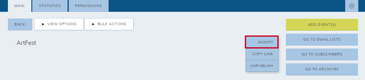 The Action menu's modify option.