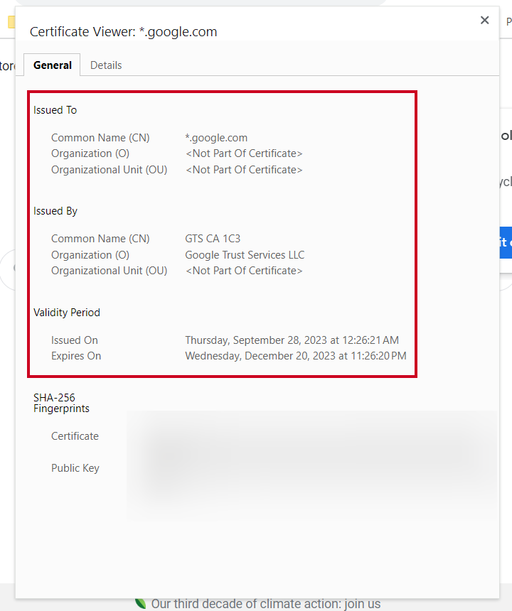 The Google Chrome Certificate Viewer with SSL certificate details for Google.com.