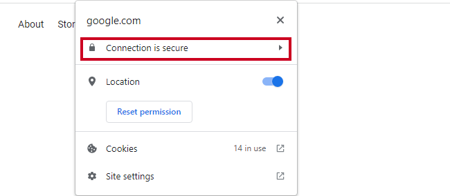 The Connection is Secure expandable menu option.