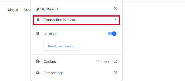 The Connection is Secure expandable menu.
