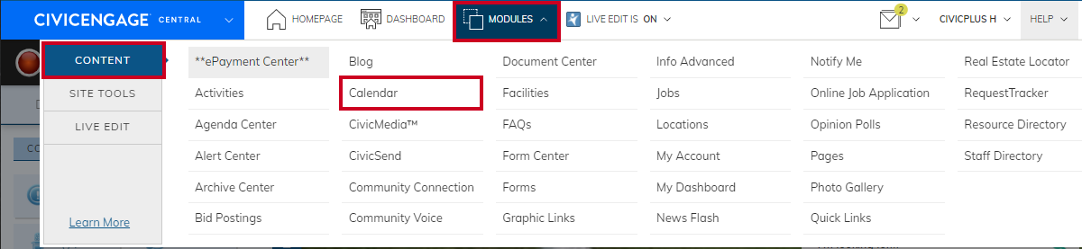 Calendar on the Module Content menu.
