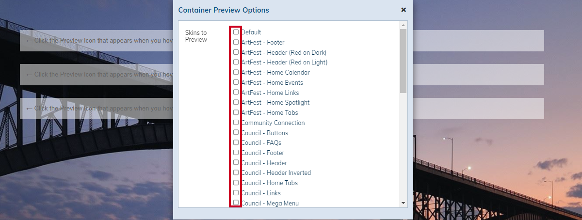 Skins to Preview checkboxes.