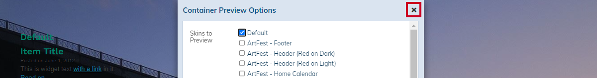 The Container Preview options_window, X to close icon.