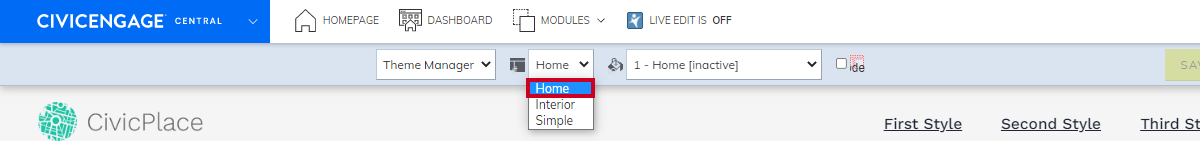 Design Center location theme menu home option.