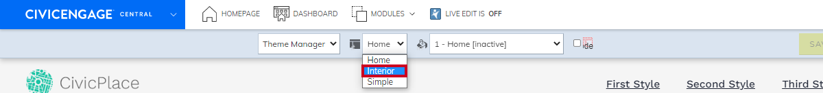 Design Center theme drop-down menu interior option.
