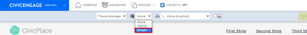 Design Center theme drop-down menu simple option.