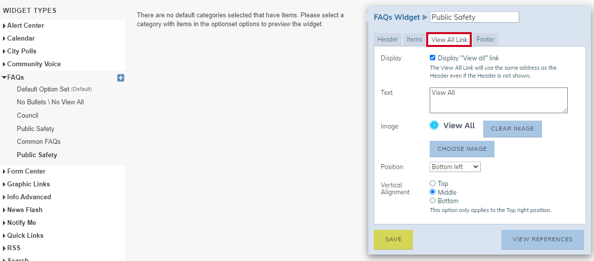 Option Set's View All Link tab.