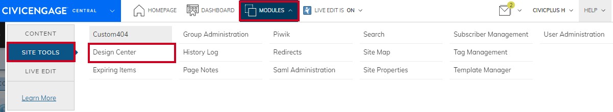 Design Center on the Module Site Tools menu.