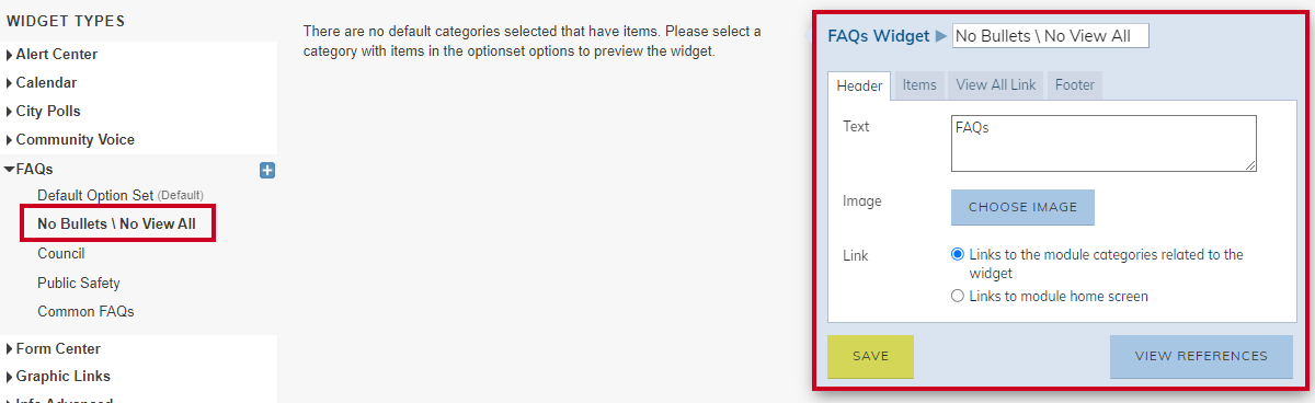 Current FAQ option set and settings window.