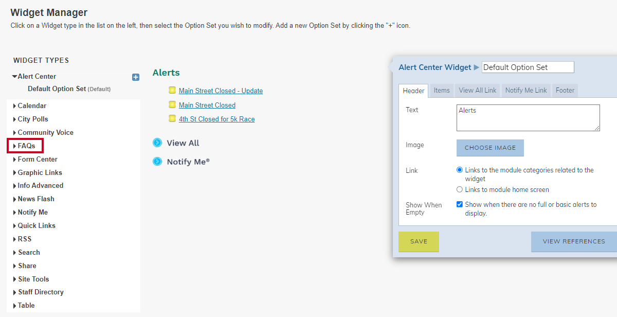 FAQs Widget in the Widget Types list.