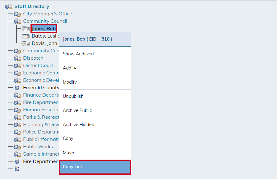 Hover your cursor over the desired employee or department and click Copy Link