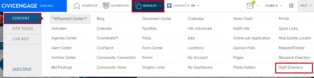 Staff Directory selected under Modules menu.