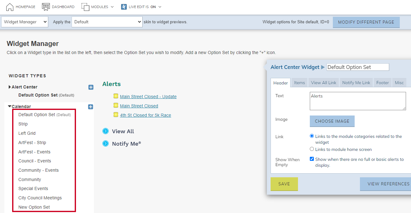 Select the desired widget option set