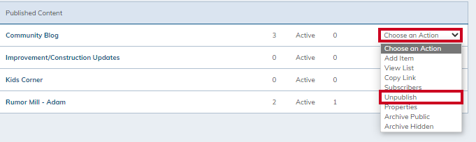 actions unpublish category