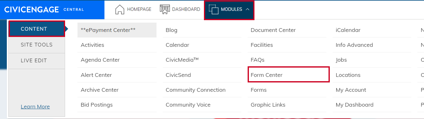 Navigate to Form Center