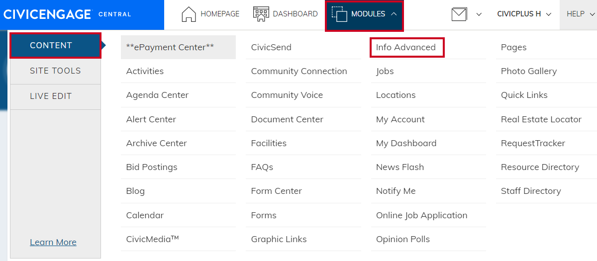 Navigate to the Info Advanced Module