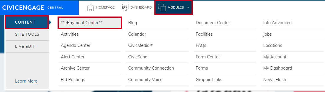 Modules menu with Payment selected.