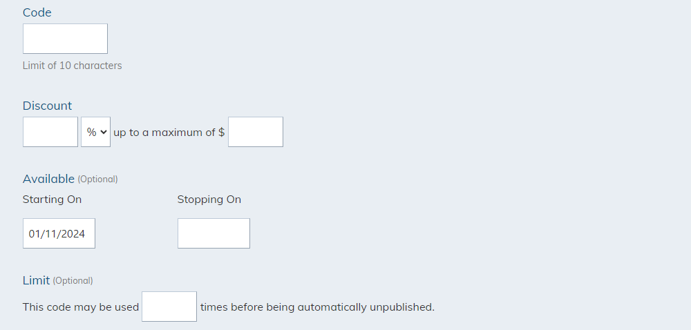The promo code's information fields.