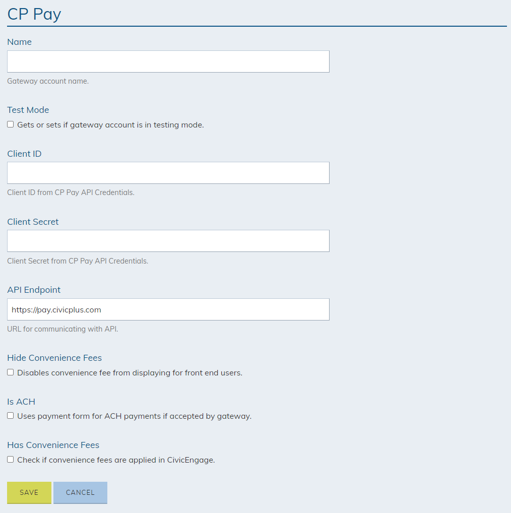 The CivicPlus Pay gateway's information fields