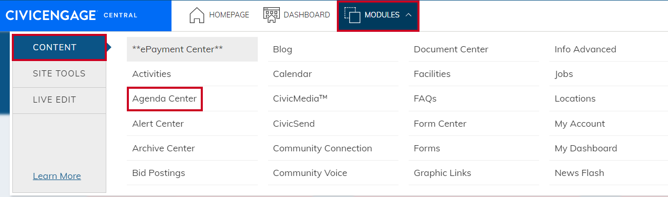 Navigate to the Agenda Center Module