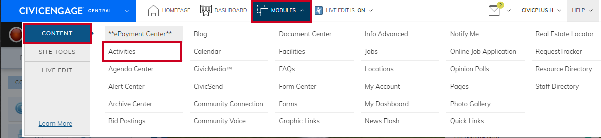 Activities on the Module Content menu.
